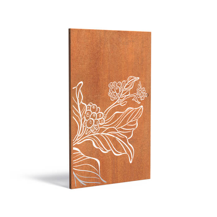 Sichtschutz aus Cortenstahl mit Motiv bluehende Blume..