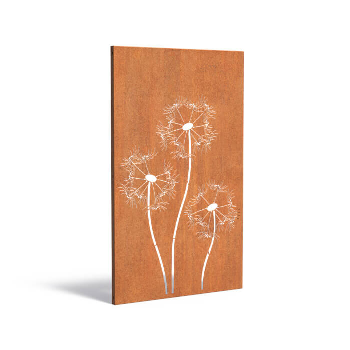 Sichtschutz aus Cortenstahl mit Motiv Pusterblume..