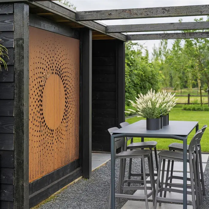 Sichtschutz Cortenstahl Garten Motiv Sonne links