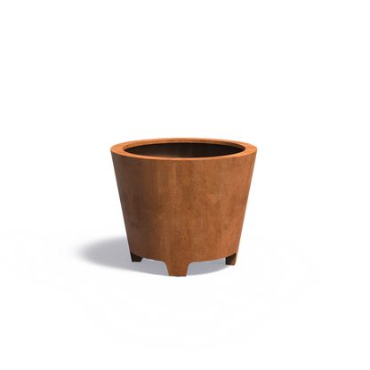 Dieser rundliche Pflanzkübel ist aus hochwertigem Corten-Stahl gefertigt 