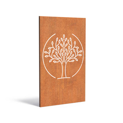 Sichtschutz aus Cortenstahl mit Motiv Baum im Kreis.