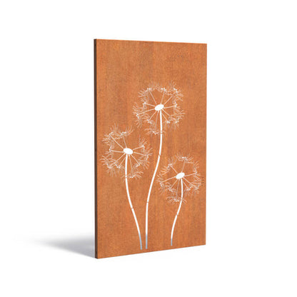 Sichtschutz aus Cortenstahl mit Motiv Pusterblume..