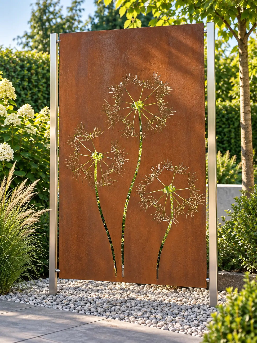 Sichtschutz Cortenstahl Garten Motiv Blühender Löwenzahn