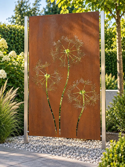 Sichtschutz Cortenstahl Garten Motiv Blühender Löwenzahn