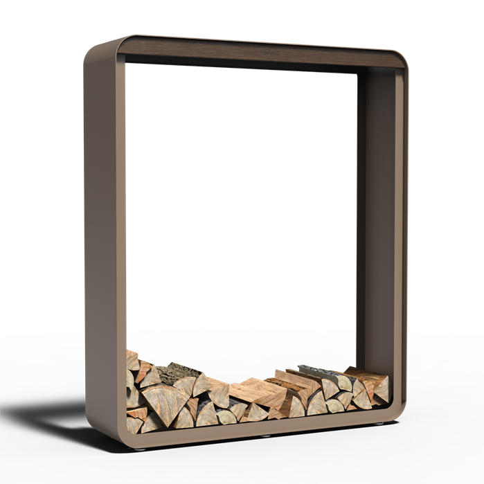 Gerundetes Holzlager CURVA aus Aluminium in Beigegrau mit Bambus-Akzenten, Größe 150 x 40 x 180 cm, freigestellt