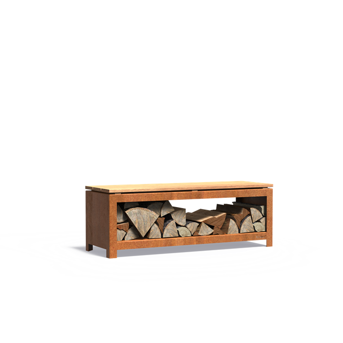 Sitzbank mit Holzlager BANCO aus Cortenstahl, Größe 120 x 40 x 42 cm, freigestellt