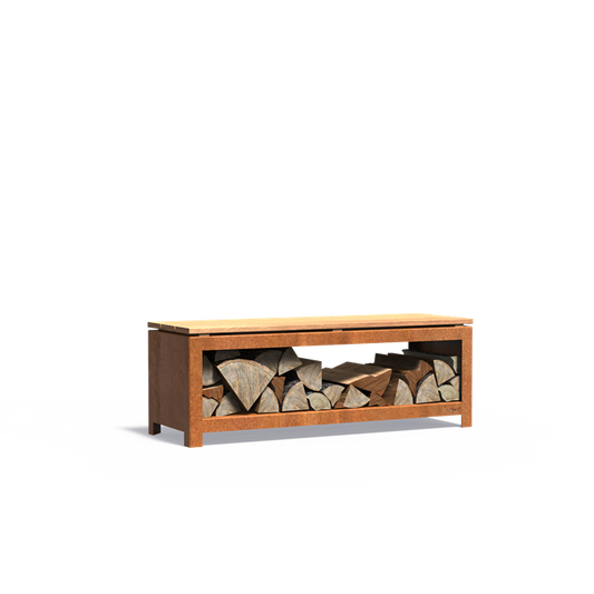 Sitzbank mit Holzlager BANCO aus Cortenstahl, Größe 120 x 40 x 42 cm, freigestellt