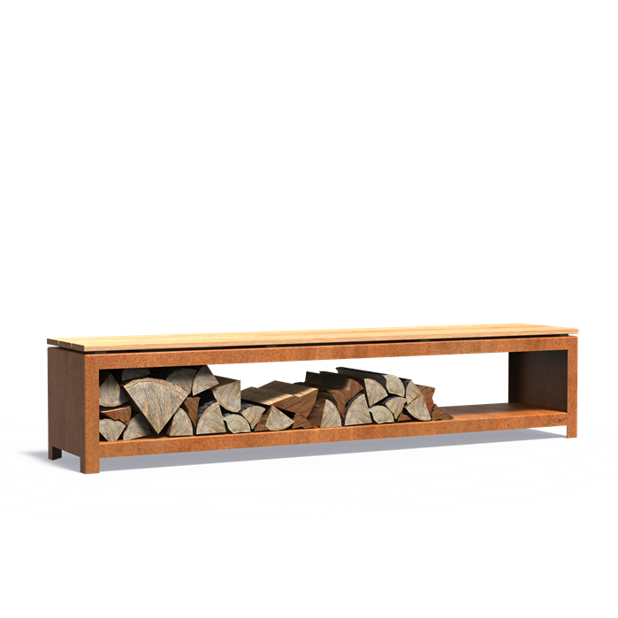 Sitzbank mit Holzlager BANCO aus Cortenstahl, Größe 200 x 40 x 42 cm, freigestellt