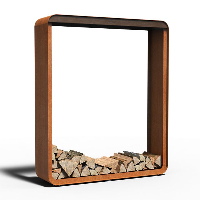 Gerundetes Holzlager CURVA aus Cortenstahl mit Bambus-Akzenten, Größe 150 x 40 x 180 cm, freigestellt