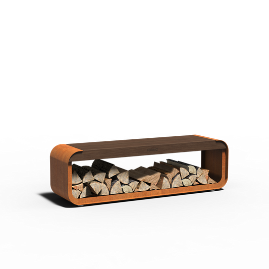 Sitzbank mit Holzlager CURVA aus Cortenstahl mit Bambus-Akzenten, Größe 150 x 40 x 45 cm, freigestellt