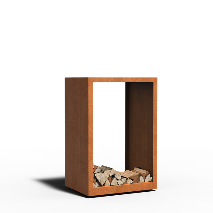 Mobiles Holzlager MOVIL aus Cortenstahl mit Rollen, Größe 80 x 60 x 120 cm, freigestellt