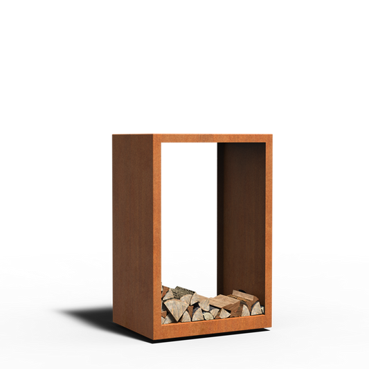 Mobiles Holzlager MOVIL aus Cortenstahl mit Rollen, Größe 80 x 60 x 120 cm, freigestellt