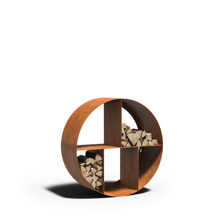 Rundes Holzlager REDONDO aus Cortenstahl mit Fächern, Größe 100 x 40 cm, freigestellt