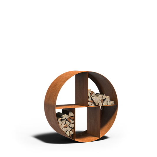 Rundes Holzlager REDONDO aus Cortenstahl mit Fächern, Größe 100 x 40 cm, freigestellt