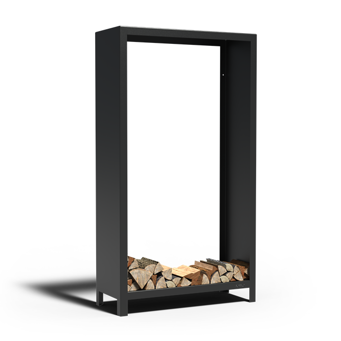 Offenes Holzlager ABIERTO aus schwarz beschichtetem Stahl, Größe 100 x 40 x 180 cm, freigestellt