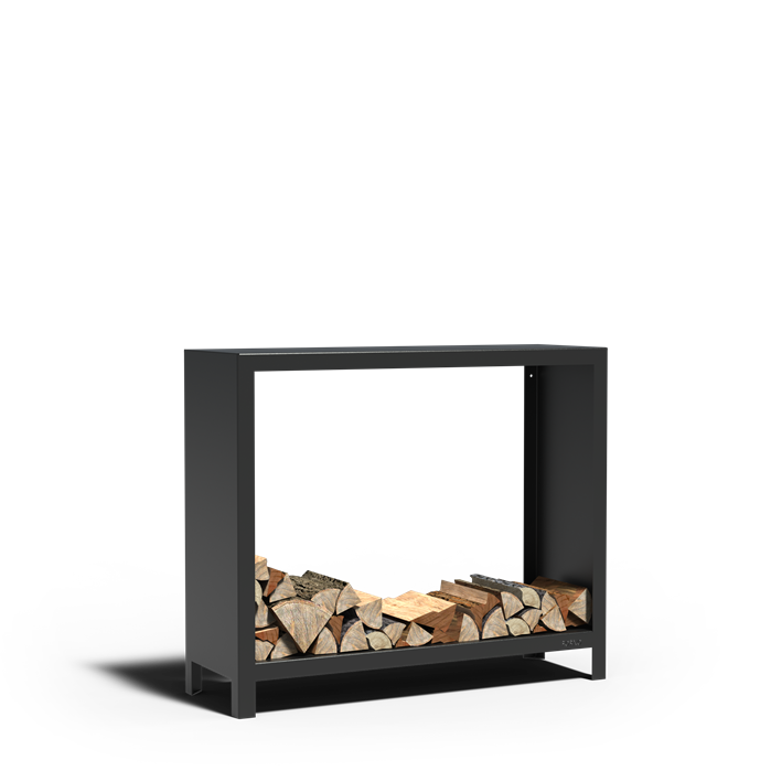 Offenes Holzlager ABIERTO aus schwarz beschichtetem Stahl, Größe 120 x 40 x 100 cm, freigestellt