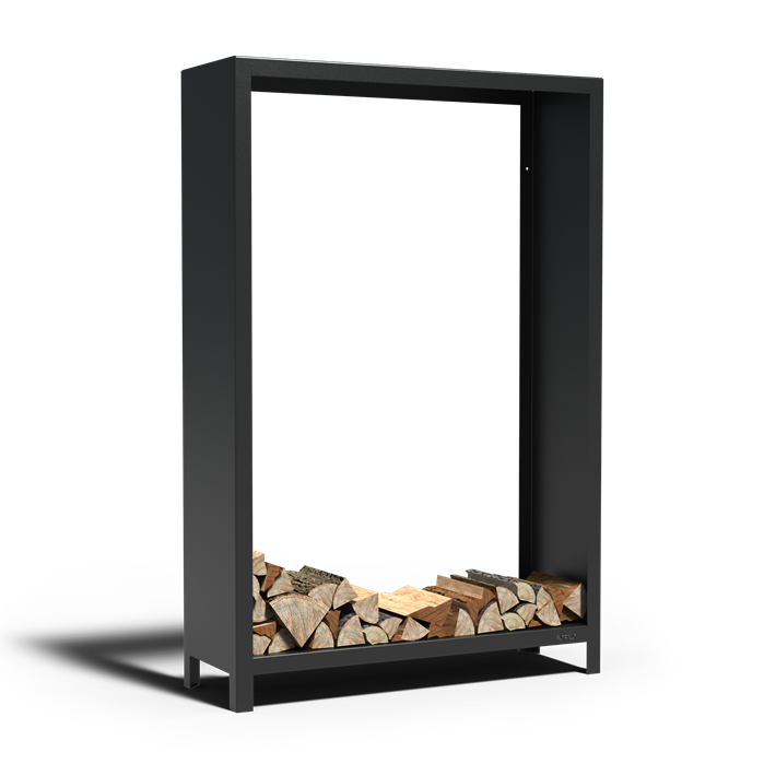 Offenes Holzlager ABIERTO aus schwarz beschichtetem Stahl, Größe 120 x 40 x 180 cm, freigestellt
