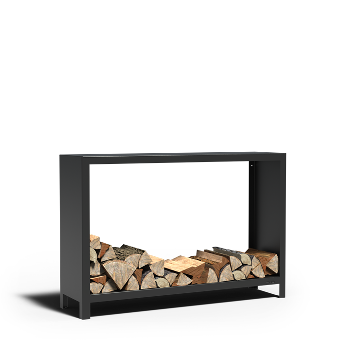 Offenes Holzlager ABIERTO aus schwarz beschichtetem Stahl, Größe 150 x 40 x 100 cm, freigestellt