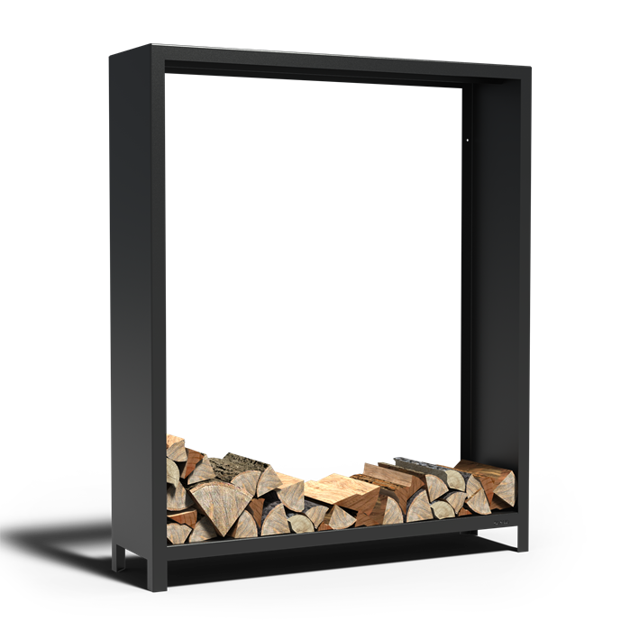 Offenes Holzlager ABIERTO aus schwarz beschichtetem Stahl, Größe 150 x 40 x 180 cm, freigestellt