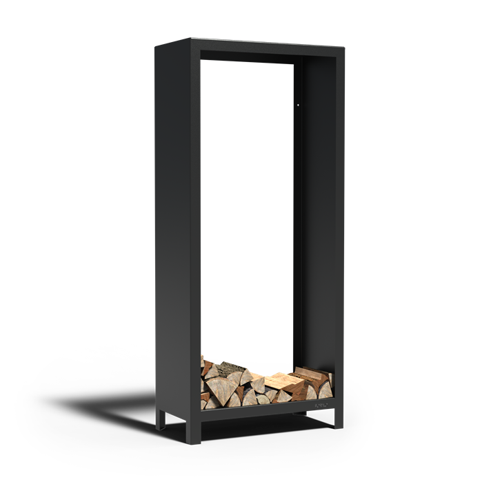 Offenes Holzlager ABIERTO aus schwarz beschichtetem Stahl, Größe 80 x 40 x 180 cm, freigestellt