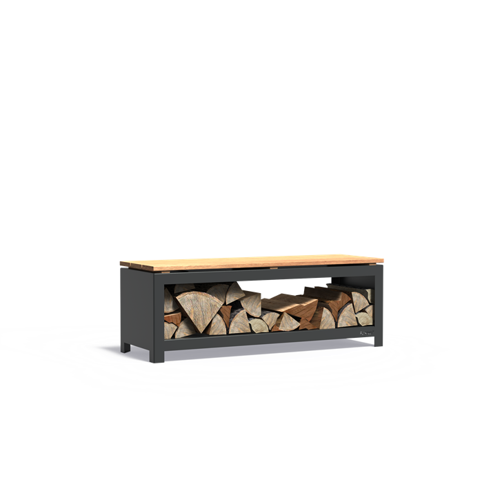 Sitzbank mit Holzlager BANCO aus schwarz beschichtetem Stahl, Größe 120 x 40 x 42 cm, freigestellt