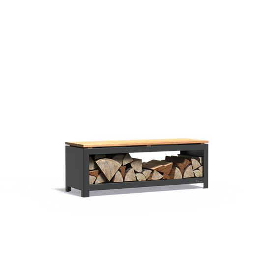 Sitzbank mit Holzlager BANCO aus schwarz beschichtetem Stahl, Größe 120 x 40 x 42 cm, freigestellt
