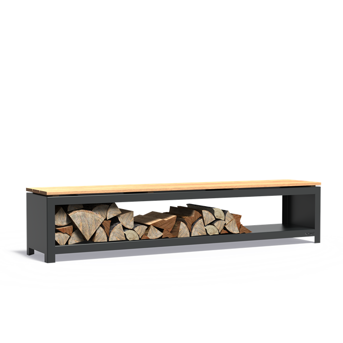 Sitzbank mit Holzlager BANCO aus schwarz beschichtetem Stahl, Größe 200 x 40 x 42 cm, freigestellt