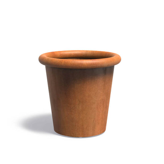 Konischer Blumenkasten aus Cortenstahl für Terrasse und Garten.