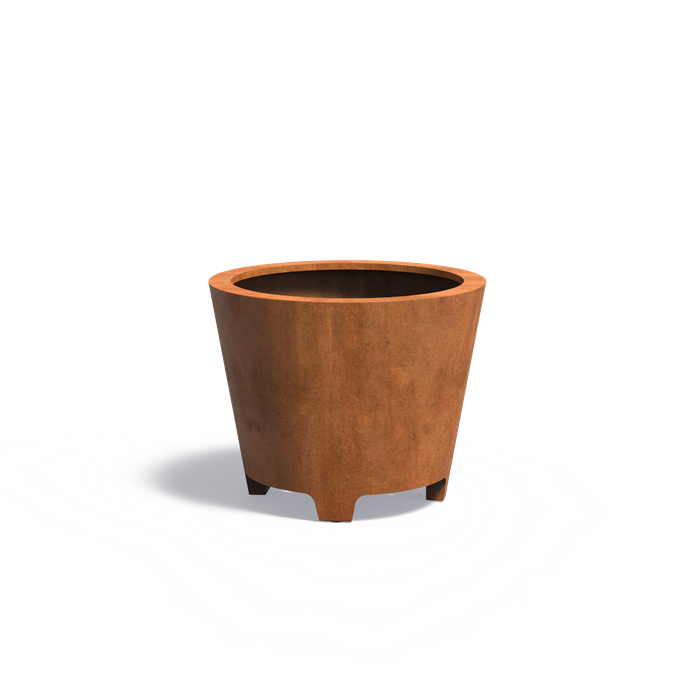 Dieser rundliche Pflanzkübel ist aus hochwertigem Cortenstahl gefertigt 