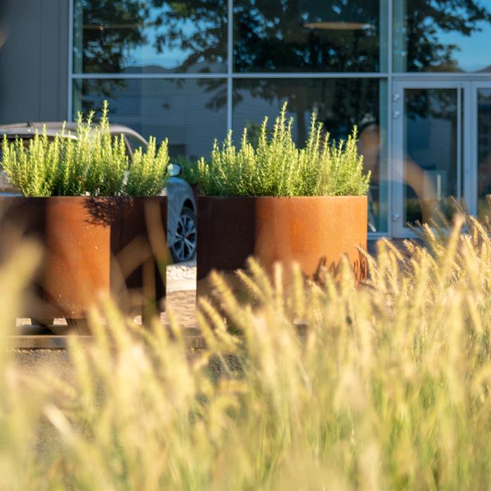 Runder Pflanzkübel Cortenstahl für Terrasse und Garten.